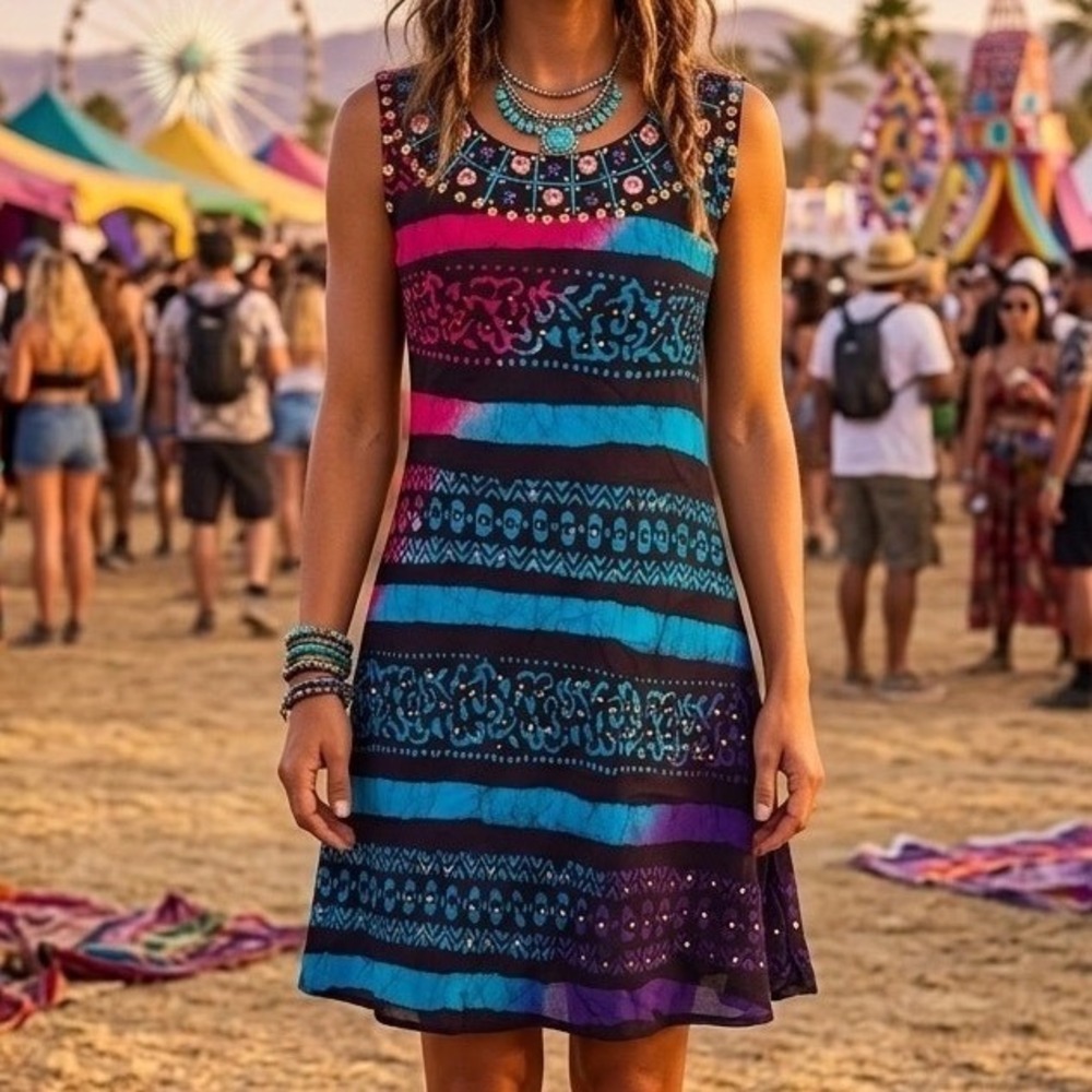 Batik Embellished Festival Mini Dress Blue Pink Size 40 Boho Hippie Ethnic Rave